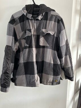 Caterpillar CAT insulated plaid jacket sweater size medium grey black GUC hooded